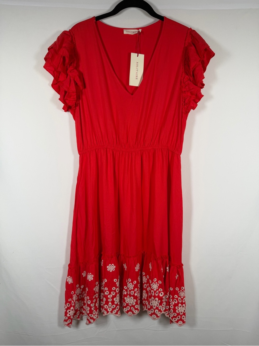 NWT Solitaire Red V-Neck Dress with Ruffle Sleeves and Embroidered Hem Cottage